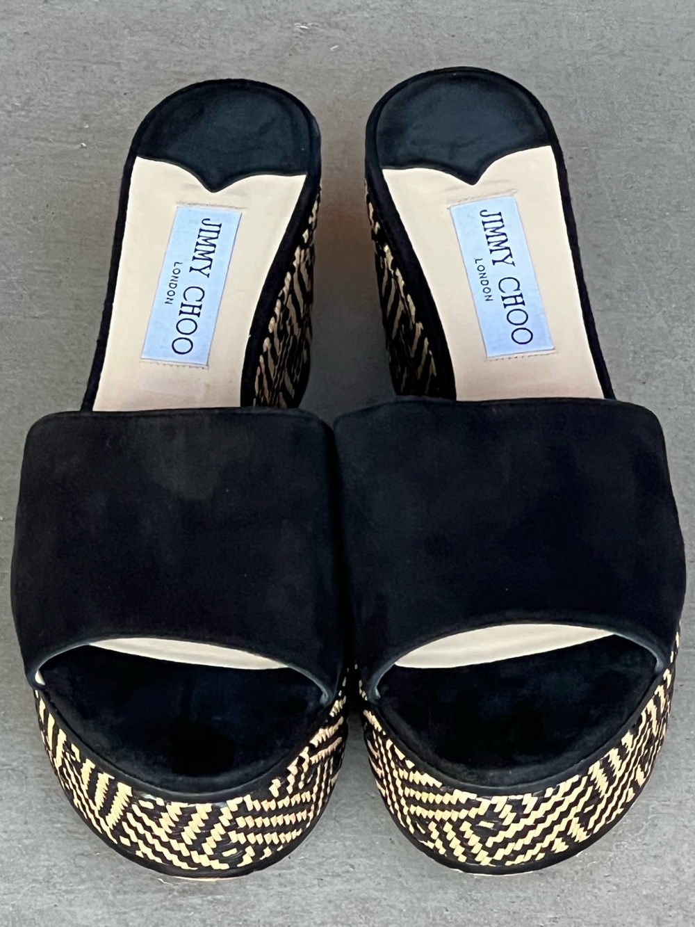 Jimmy Choo Deedee 80 Black Suede Chevron Raffia Platform Wedge Slides EU 38.5 - Picture 4 of 11